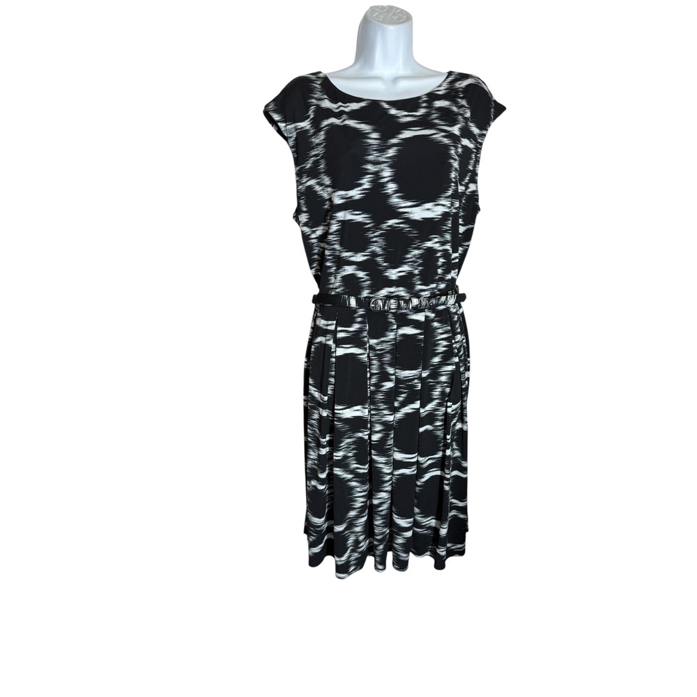 Alfani Dress Size XL Black White Abstract Print Pleated Belted Midi Dress 🖤🖤